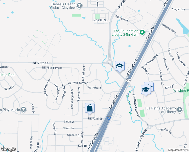 map of restaurants, bars, coffee shops, grocery stores, and more near 7422 North Hunter Court in Kansas City