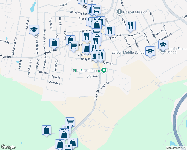 map of restaurants, bars, coffee shops, grocery stores, and more near 2604 Pike Street in Parkersburg