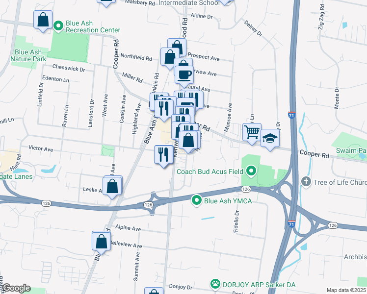 map of restaurants, bars, coffee shops, grocery stores, and more near 9500 Kenwood Road in Cincinnati