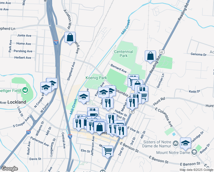 map of restaurants, bars, coffee shops, grocery stores, and more near 1433 Jefferson Avenue in Cincinnati