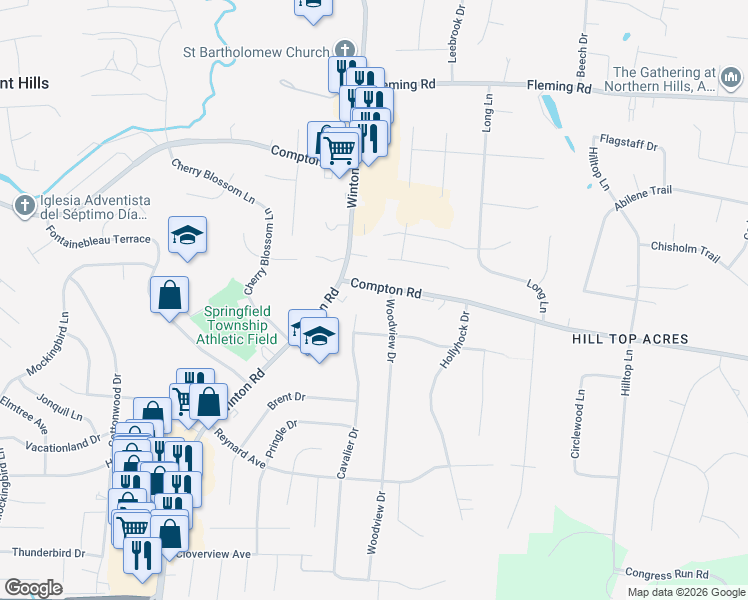 map of restaurants, bars, coffee shops, grocery stores, and more near 8995 Woodview Drive in Cincinnati