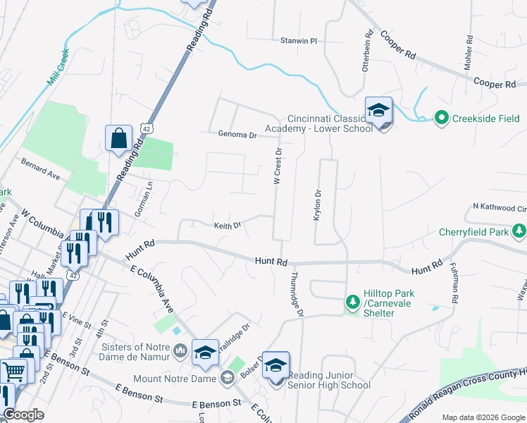 map of restaurants, bars, coffee shops, grocery stores, and more near 313 Rainbow Ridge in Cincinnati