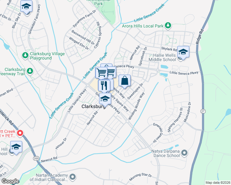 map of restaurants, bars, coffee shops, grocery stores, and more near 22719 Newcut Road in Clarksburg