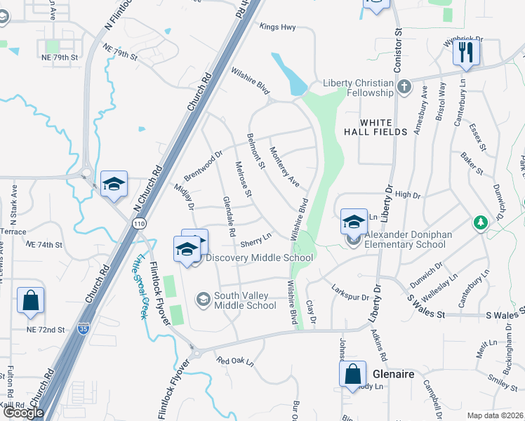 map of restaurants, bars, coffee shops, grocery stores, and more near 505 Melrose Street in Liberty