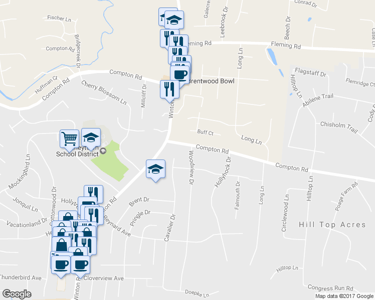 map of restaurants, bars, coffee shops, grocery stores, and more near 8995 Woodview Drive in Cincinnati