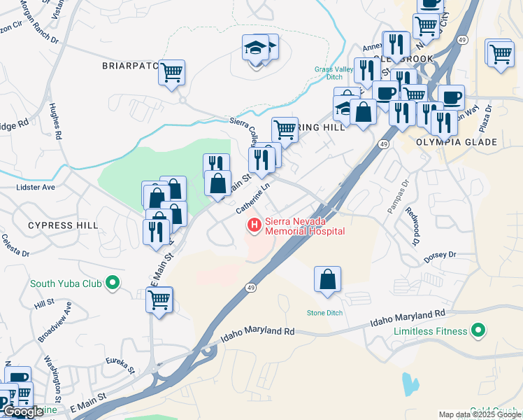 map of restaurants, bars, coffee shops, grocery stores, and more near 136 Glasson Way in Grass Valley