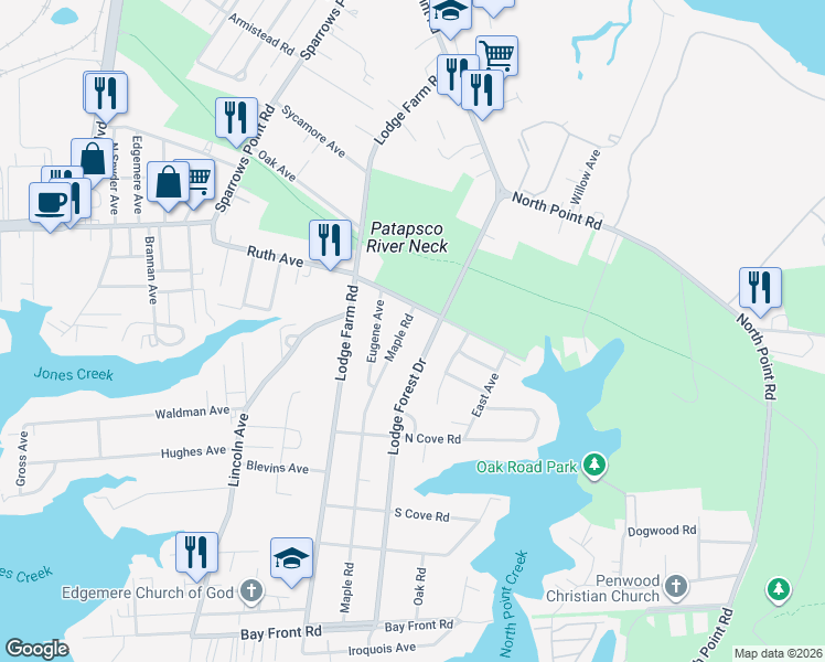map of restaurants, bars, coffee shops, grocery stores, and more near 2517 Maple Road in Sparrows Point