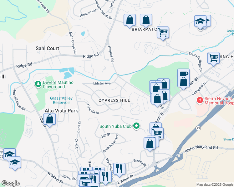 map of restaurants, bars, coffee shops, grocery stores, and more near 124 Arcadia Drive in Grass Valley