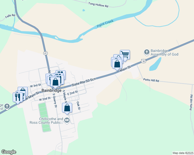 map of restaurants, bars, coffee shops, grocery stores, and more near 416 East Main Street in Bainbridge
