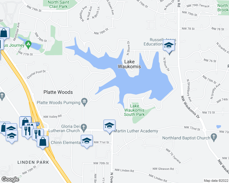 map of restaurants, bars, coffee shops, grocery stores, and more near Northwest South Shore Drive in Lake Waukomis