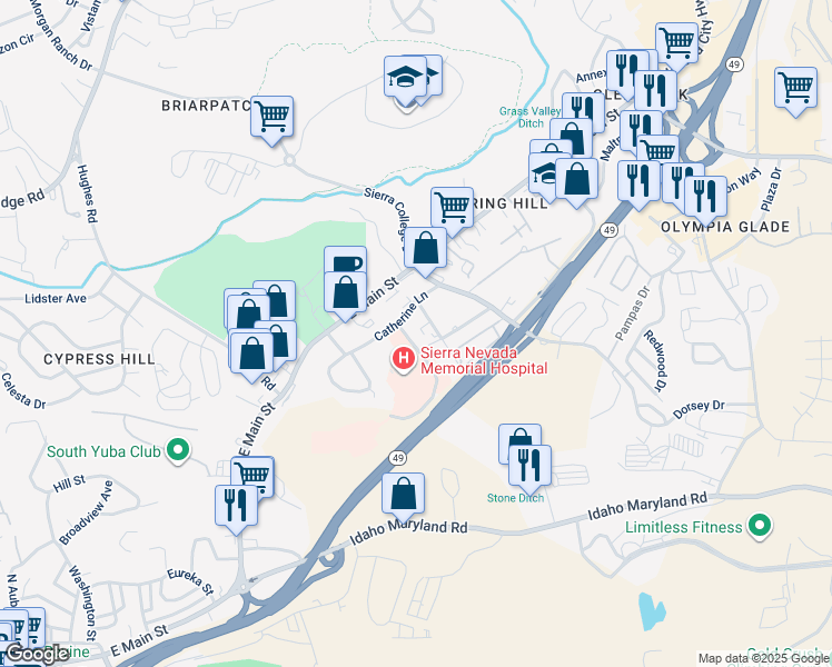 map of restaurants, bars, coffee shops, grocery stores, and more near 136 Glasson Way in Grass Valley
