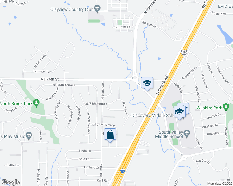 map of restaurants, bars, coffee shops, grocery stores, and more near 7426 North Hunter Court in Kansas City
