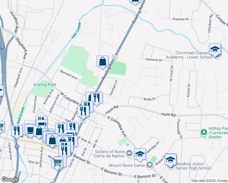 map of restaurants, bars, coffee shops, grocery stores, and more near 1705 Gorman Lane in Reading