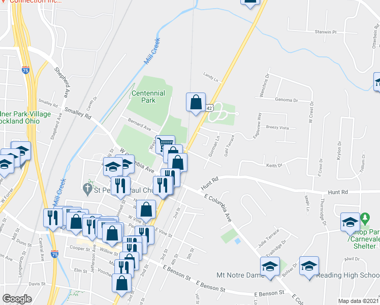 map of restaurants, bars, coffee shops, grocery stores, and more near 9334 Reading Road in Cincinnati