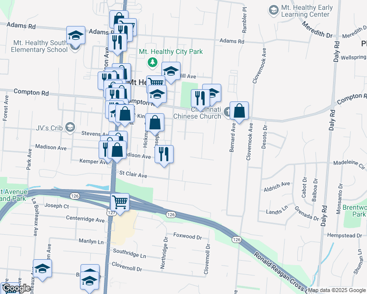 map of restaurants, bars, coffee shops, grocery stores, and more near 7369 Martin Street in Cincinnati