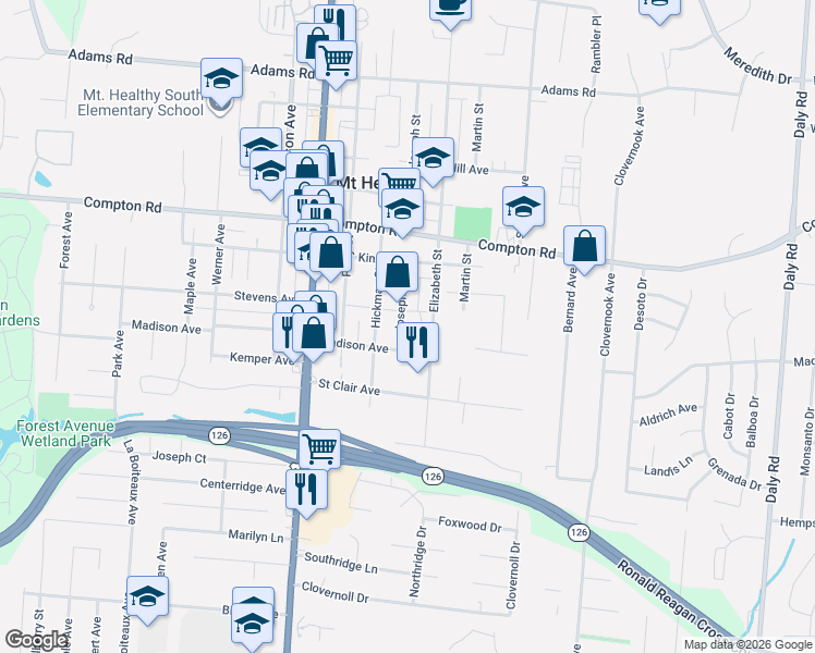 map of restaurants, bars, coffee shops, grocery stores, and more near 7366 Joseph Street in Cincinnati
