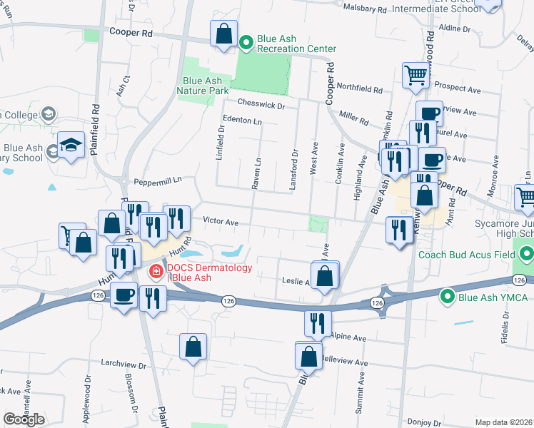 map of restaurants, bars, coffee shops, grocery stores, and more near 4465 Hunt Road in Cincinnati