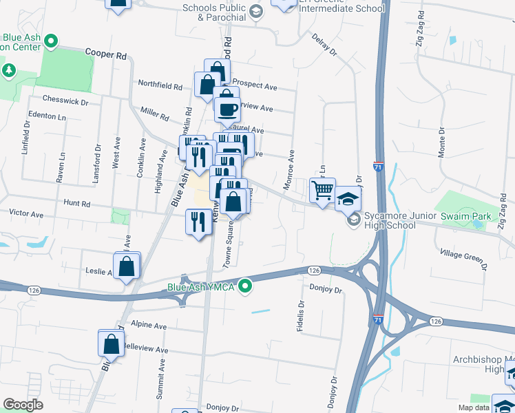 map of restaurants, bars, coffee shops, grocery stores, and more near 4924 Hunt Road in Blue Ash