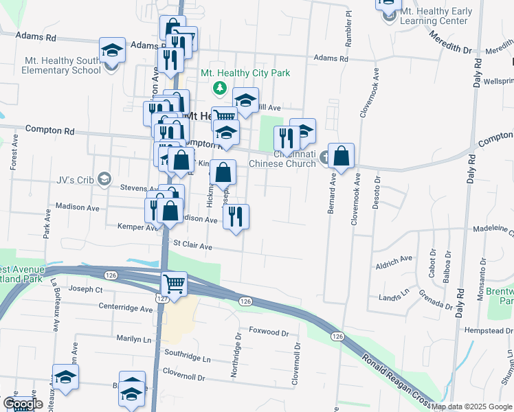 map of restaurants, bars, coffee shops, grocery stores, and more near 7369 Martin Street in Cincinnati