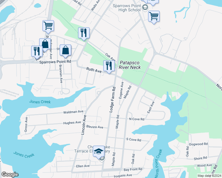 map of restaurants, bars, coffee shops, grocery stores, and more near 2446 Lodge Farm Road in Sparrows Point