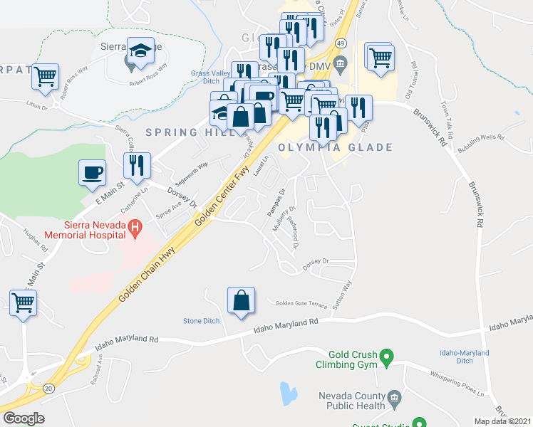 map of restaurants, bars, coffee shops, grocery stores, and more near 1058 Pampas Drive in Grass Valley
