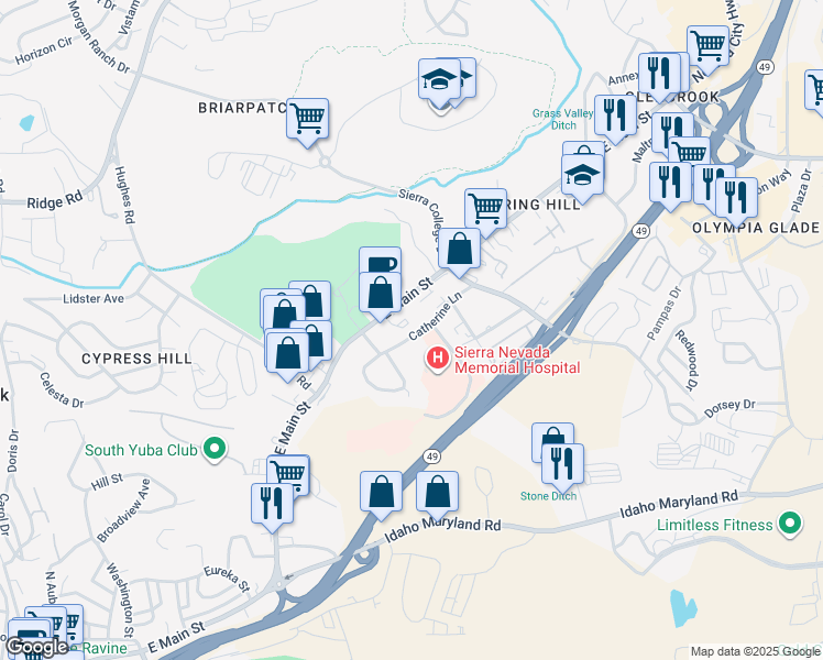 map of restaurants, bars, coffee shops, grocery stores, and more near 115 Catherine Lane in Grass Valley