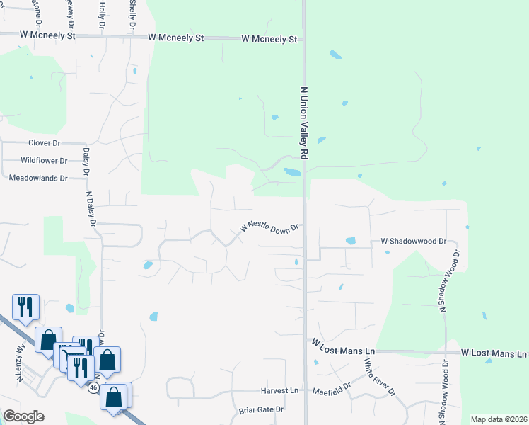 map of restaurants, bars, coffee shops, grocery stores, and more near 5517 North Union Valley Road in Bloomington