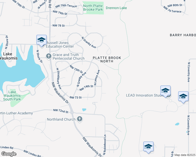 map of restaurants, bars, coffee shops, grocery stores, and more near 7501 North Lenox Avenue in Kansas City