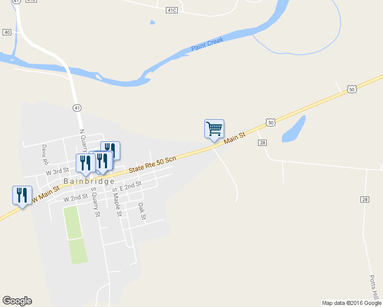 map of restaurants, bars, coffee shops, grocery stores, and more near 416 East Main Street in Bainbridge