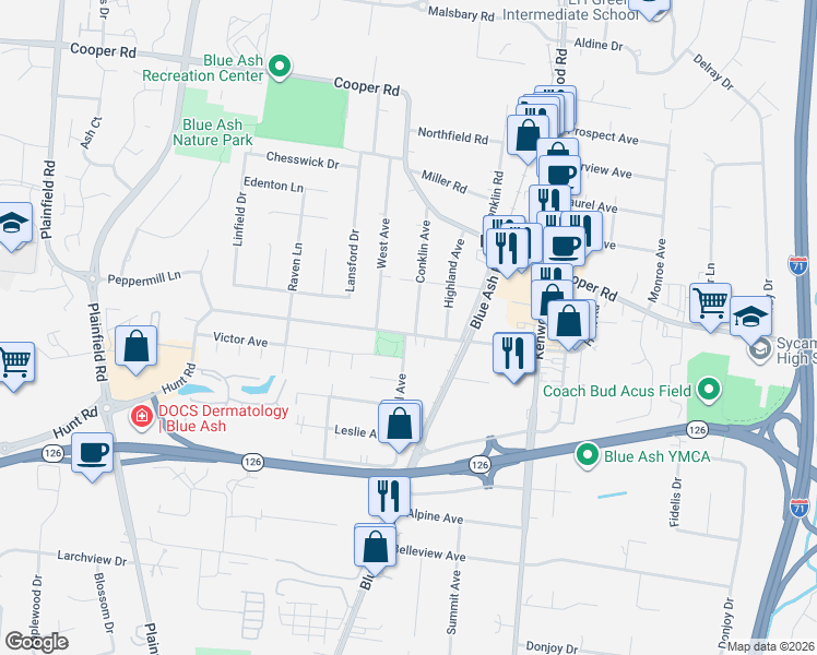 map of restaurants, bars, coffee shops, grocery stores, and more near 4576 Hunt Road in Cincinnati
