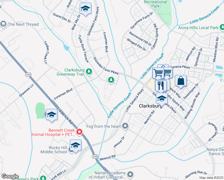 map of restaurants, bars, coffee shops, grocery stores, and more near 12443 Juneberry Lane in Clarksburg