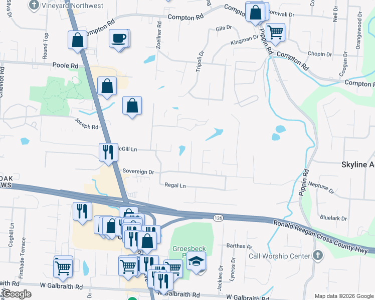 map of restaurants, bars, coffee shops, grocery stores, and more near 8723 Cranfield Drive in Cincinnati