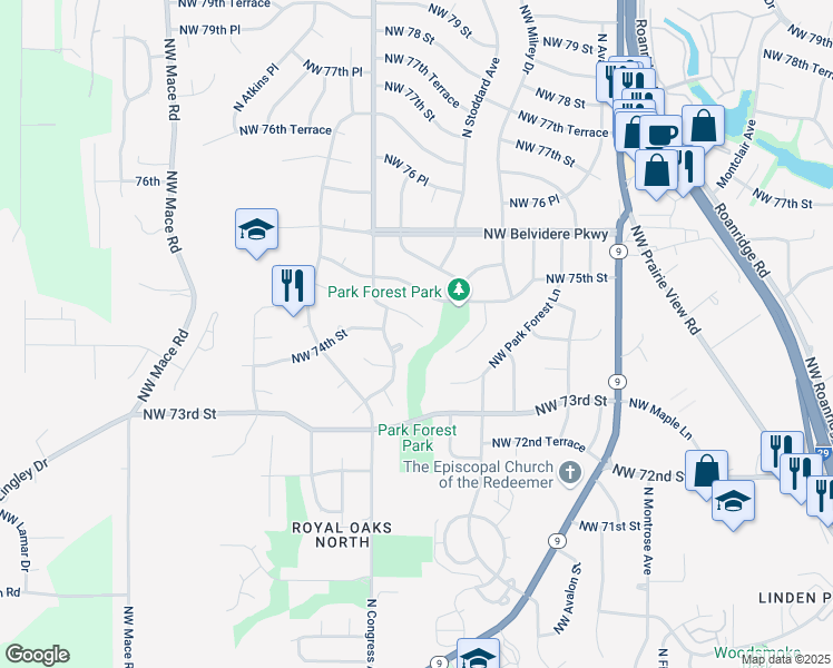 map of restaurants, bars, coffee shops, grocery stores, and more near 7505 Northwest 74th Terrace in Kansas City