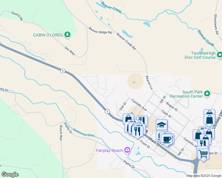 map of restaurants, bars, coffee shops, grocery stores, and more near 271 Aspen Way in Fairplay
