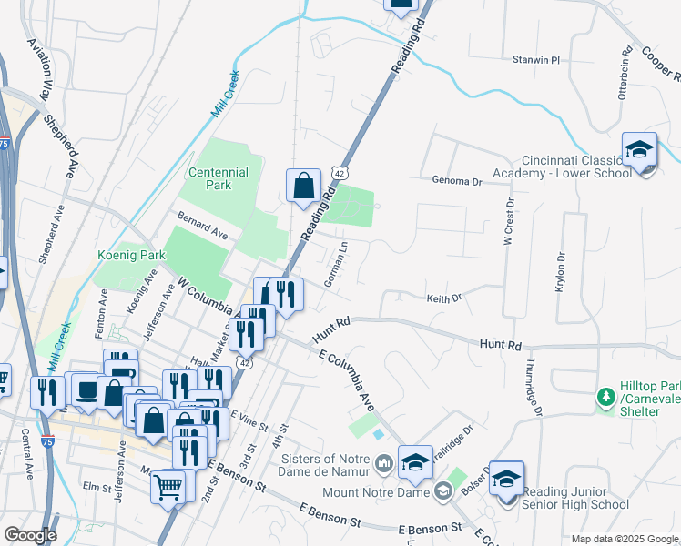 map of restaurants, bars, coffee shops, grocery stores, and more near 1705 Gorman Lane in Reading