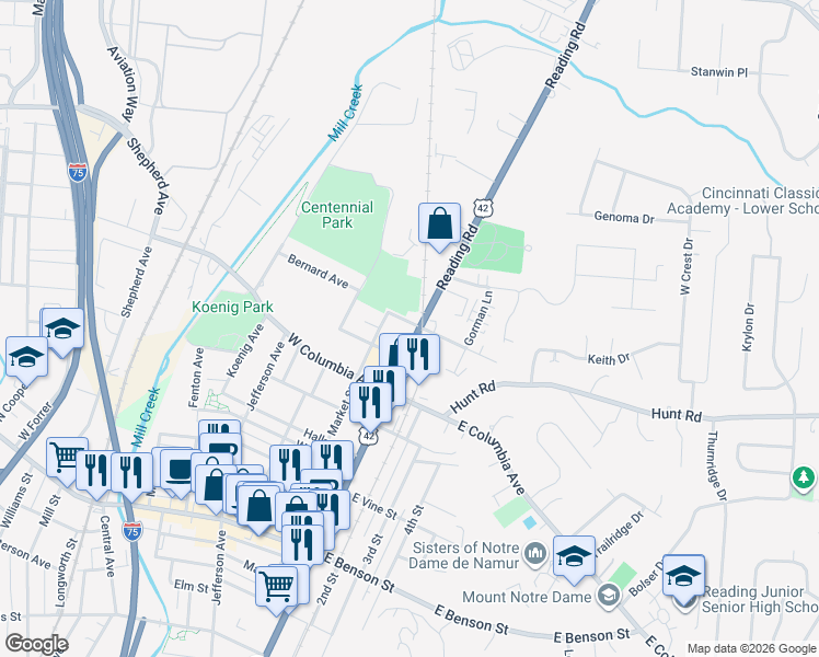 map of restaurants, bars, coffee shops, grocery stores, and more near 11 West North Street in Cincinnati