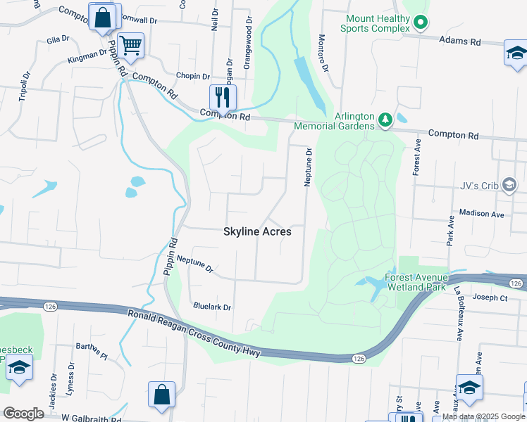 map of restaurants, bars, coffee shops, grocery stores, and more near 8789 Zodiac Drive in Cincinnati