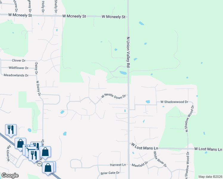 map of restaurants, bars, coffee shops, grocery stores, and more near 5517 North Union Valley Road in Bloomington