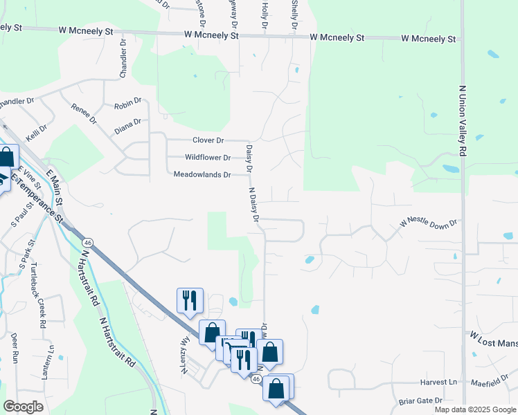 map of restaurants, bars, coffee shops, grocery stores, and more near 5499 West Channing Way in Ellettsville