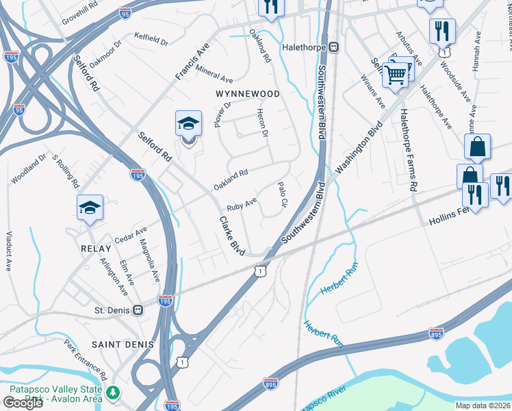 map of restaurants, bars, coffee shops, grocery stores, and more near 4722 Ruby Avenue in Halethorpe