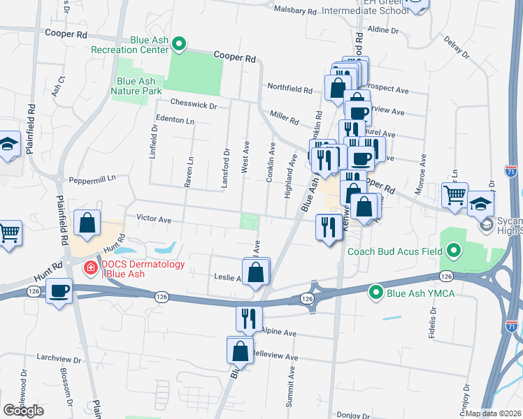 map of restaurants, bars, coffee shops, grocery stores, and more near 4576 Hunt Road in Cincinnati