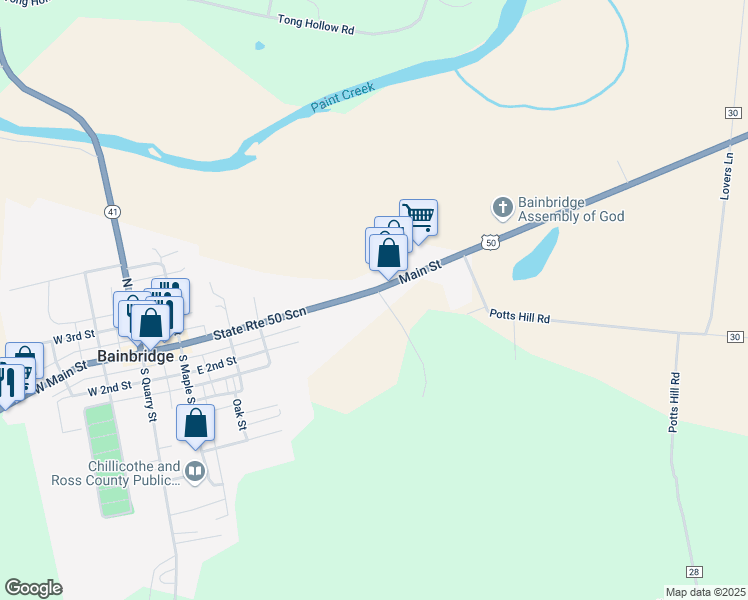 map of restaurants, bars, coffee shops, grocery stores, and more near 437 Main Street in Bainbridge