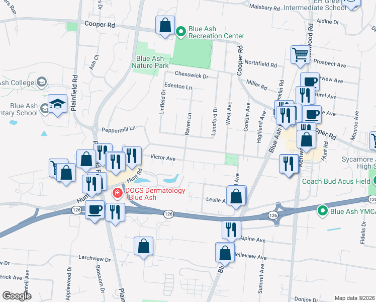 map of restaurants, bars, coffee shops, grocery stores, and more near 4465 Hunt Road in Cincinnati