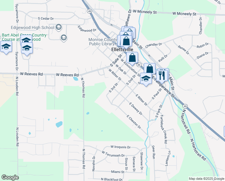 map of restaurants, bars, coffee shops, grocery stores, and more near 503 South 3rd Street in Ellettsville