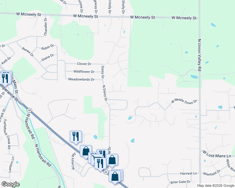 map of restaurants, bars, coffee shops, grocery stores, and more near 5451 West Channing Way in Ellettsville