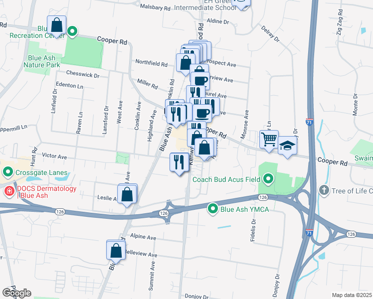 map of restaurants, bars, coffee shops, grocery stores, and more near 9471 Kenwood Road in Blue Ash