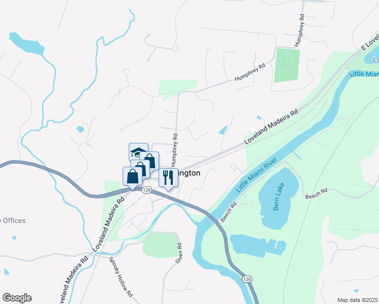 map of restaurants, bars, coffee shops, grocery stores, and more near 9571 Loveland Madeira Road in Loveland