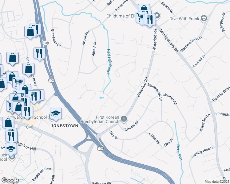 map of restaurants, bars, coffee shops, grocery stores, and more near 8422 Horseshoe Road in Ellicott City