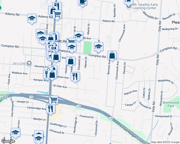 map of restaurants, bars, coffee shops, grocery stores, and more near 7350 Martin Street in Cincinnati
