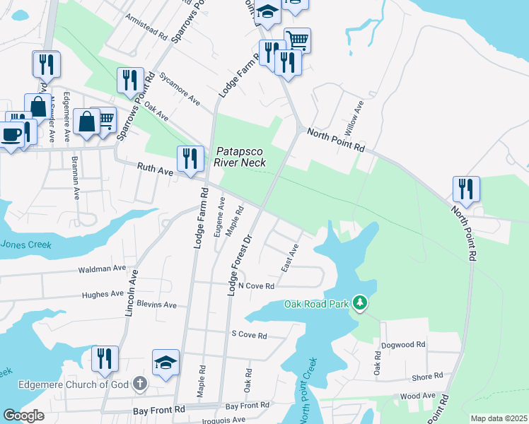 map of restaurants, bars, coffee shops, grocery stores, and more near 2549 Lodge Forest Drive in Sparrows Point